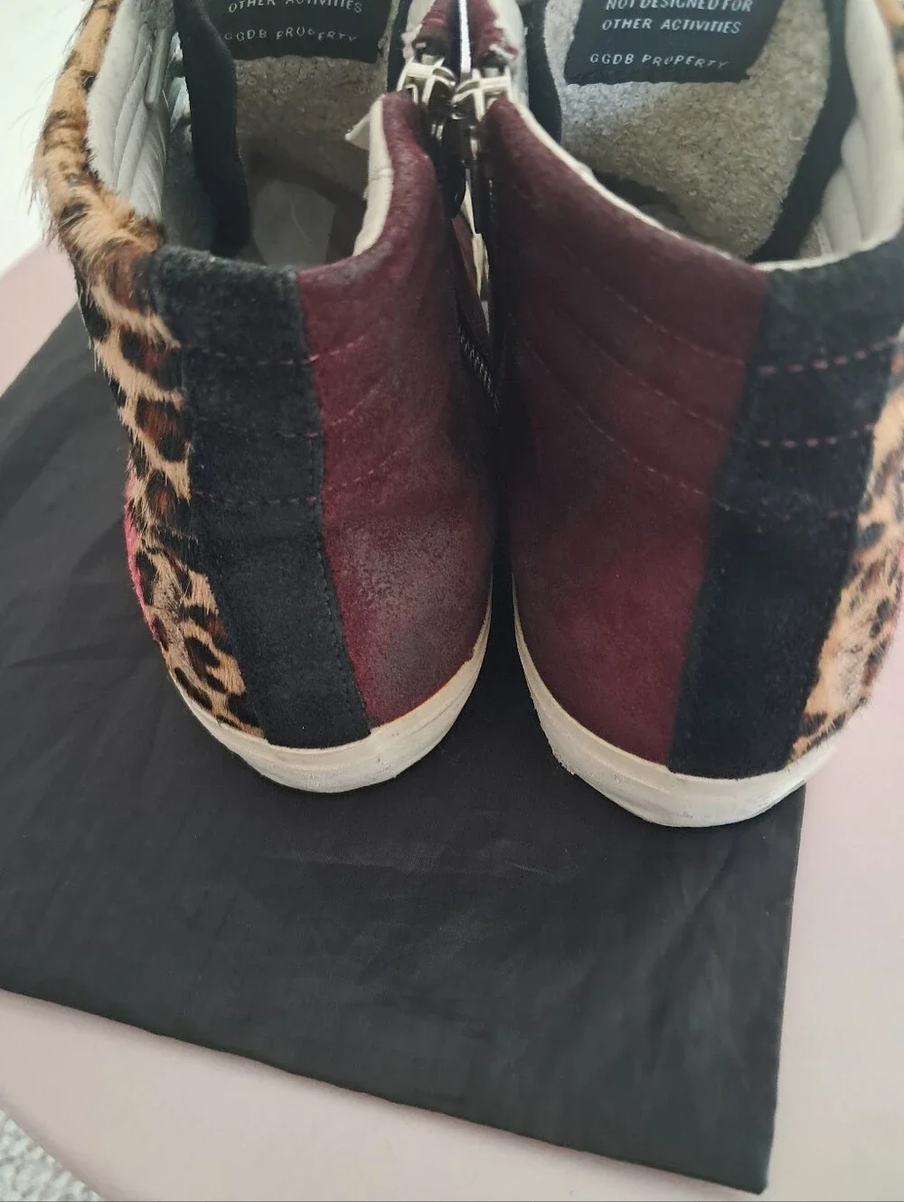 Golden Goose Sneakers Women's 38 8 Slide High Top Burgundy Leopard Calf Hair